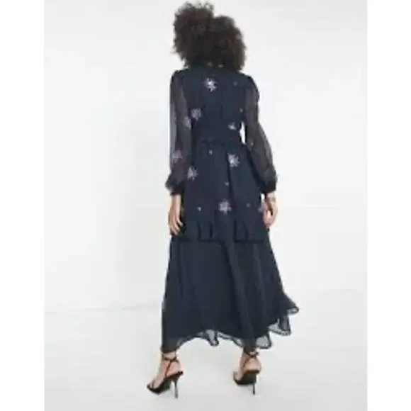 ASOS Embroidered Shirred Waist Tea Dress Charcoal Purple Midi Sz 10 Whimsigoth - Picture 5 of 10
